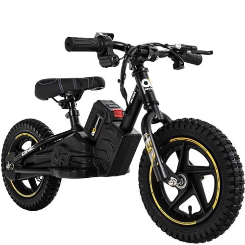 Actionbikes Motors Kinder Balance Bike Elektrofahrrad | 12 Zoll Fahrrad - 250 Watt - Elektro Laufrad mit Scheibenbremsen - Kinder Elektrofahrzeug - Spielzeug ab 3 Jahren (12 Zoll Schwarz Gelb)