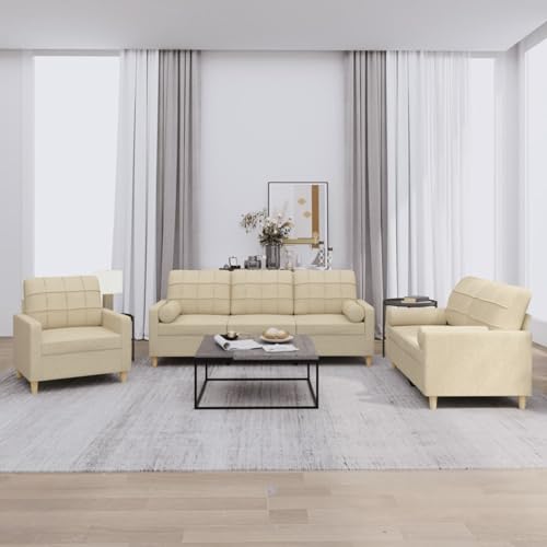 IKAYAA Sofagarnitur Sofa 3 2 Set komplett Couch Set Wohnzimmer Couch Set mit Kissen Stoff-Creme-3-Sitzer + 2-Sitzer+Sessel
