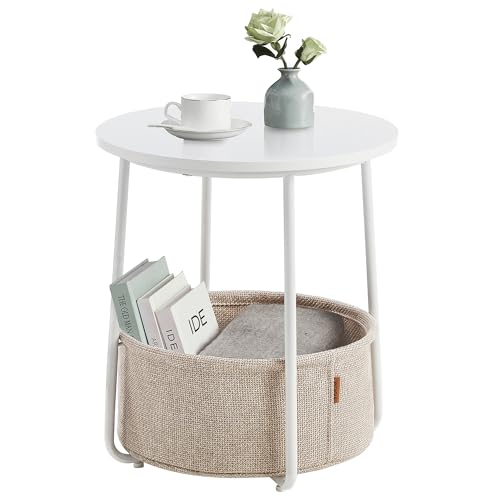 VASAGLE Kleiner Couchtisch, rund, Beistelltisch mit Stoffkorb, Aufbewahrung, für Wohnzimmer, Schlafzimmer, moderner Stil, Weiß matt und Kamelbraun, LET223W10