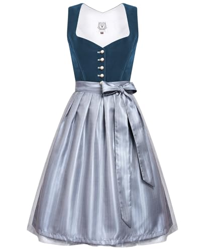 DIRNDLSTERN Damen Midi Blau - Dirndlkleid Samt Trachtenmode Kleid mit Dirndlschürze Trachtenkleid für Oktoberfest 38