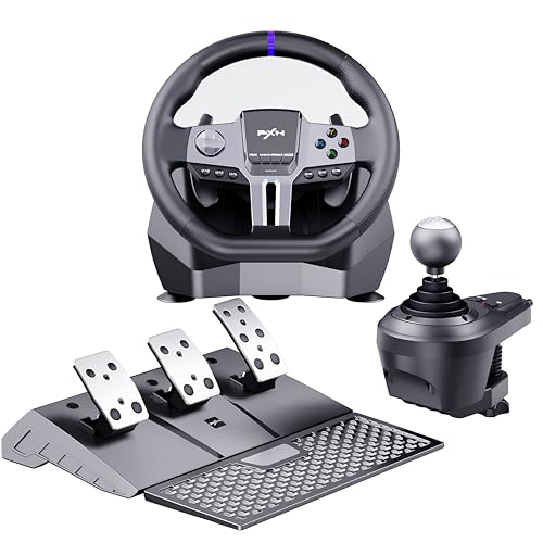PXN V9 GEN2 Lenkrad PC mit Pedalen und Schaltung, Gaming Lenkrad mit Schaltwippen, Halleffekt-Pedal, 6+R-Schaltung, APP, Lenkrad for PS4, PS3, PC, Xbox Series X/S, Xbox One