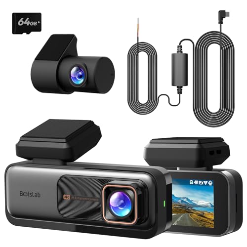 BOTSLAB Dashcam Auto Vorne Hinten 4K+2K mit GPS WiFi und Hardwire-Kit, Dash Cam Auto Kamera mit ADAS, Kostenlose 64-GB-Karte, 24/7 Parküberwachung, 2,45