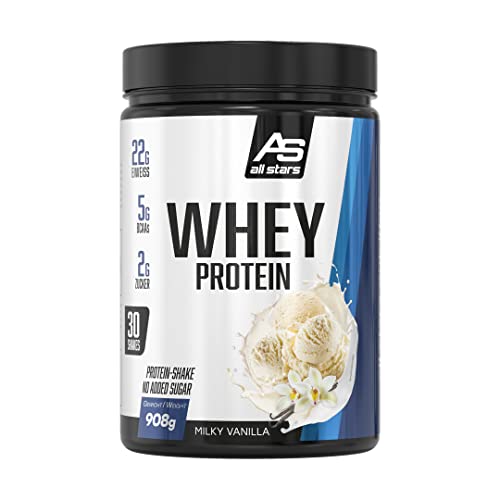 All Stars 100% WHEY PROTEIN 908gI Eiweiß-Pulver mit Whey-Konzentrat & Isolat I leckeres Low-Fat Powder I hochwertiges Protein-Pulver I cremiger Protein-Shake mit Milky Vanilla-Flavour
