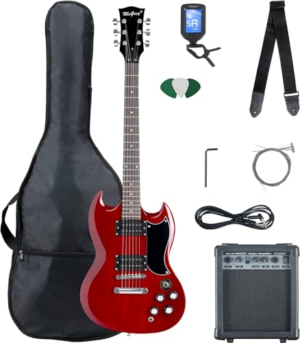 McGrey Rockit Double Cut Komplettset E-Gitarre (8-teiliges Anfängerset mit Gitarre, Verstärker, Ersatzsaiten, Gitarrentasche, Stimmgerät, Plektren, Gurt und Gitarrenkabel) Cherry Red
