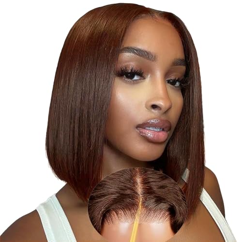 Echthaar Perücke Chocolate Brown 9X6 Straight Bob Human Hair Wig 200% Dichte Ready to Go Glueless Wig Human Hair Pre Plucked Pre Cut Brasilianer Lace Front Wigs for Black Women 14 Zoll