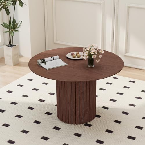 JZGORC Moderner Runder Esstisch im Wabi-Sabi-Stil, Dunkelbraun mit Holzmaserung und Zylindrischer Basisstütze, 120 x 120 x 76 cm