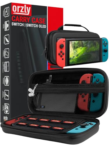 Orzly Switch Tasche für Nintendo Switch/Switch OLED und Switch Zubehör - Stoßfeste Tragetasche - Harte Schutzhülle, Reisetasche mit Aufbewahrung für Konsole, Joycons, Zubehör und Spiele - Schwarz