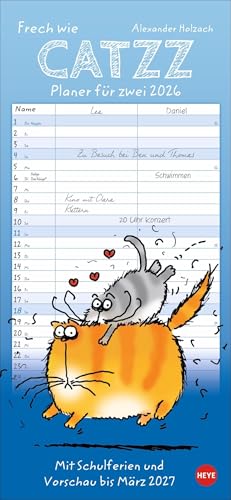 Catzz Planer für zwei 2026: Lustiger Wandplaner für zwei. Partnerkalender mit 2 Spalten. Terminkalender mit witzigen Cartoon-Katzen. Wandkalender für 2 Personen. (Familienplaner Heye)