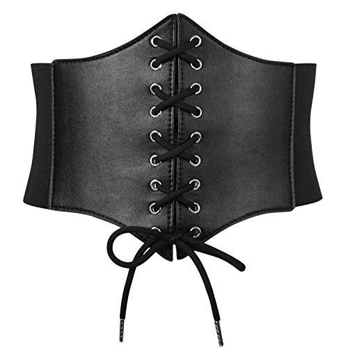 SUOSDEY Schwarz Korsett Gürtel für Frauen - Vintage Lace-up Elastische Taille, Tied Waspie Breiter Gürtel für Halloween-Kostüm,schwarz