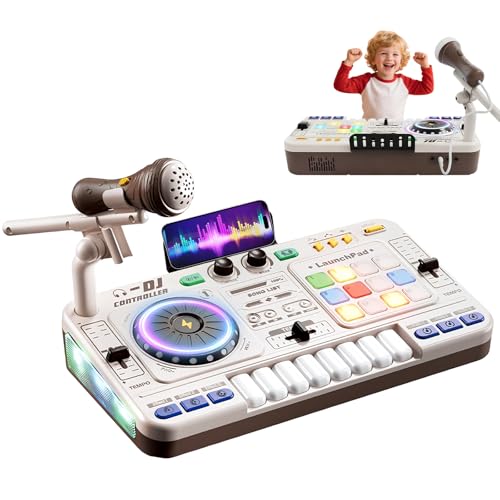 DJ Pult für Kinder 3-10 Jahre, Kinder DJ Mischpult Bluetooth Interaktives Musik-Lernspielzeug DJ-Pult mit Mikrofon, Licht, Klaviertasten, 100+ Soundeffekten Akku Kinder DJ Controller Geschenk
