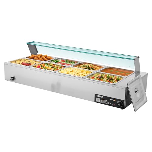 VEVOR kommerzieller Speisenwärmer (8 x 1/2 Größe Behälter), 1,7 kW elektrischer Wärmebehälter aus Edelstahl mit Glasabdeckung & Suppenkelle, Chafing Dishes für Catering Restaurant Party
