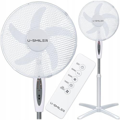 U-SMILER Ventilator mit Fernbedienung, Standventilator sehr Leise 55W, 5 Klingen, 90° Oszillation, 3 Geschwindigkeiten, Timer 4h, Stand Ventilator, Bodenventilator, Schlafzimmer Kühlung, Weiß