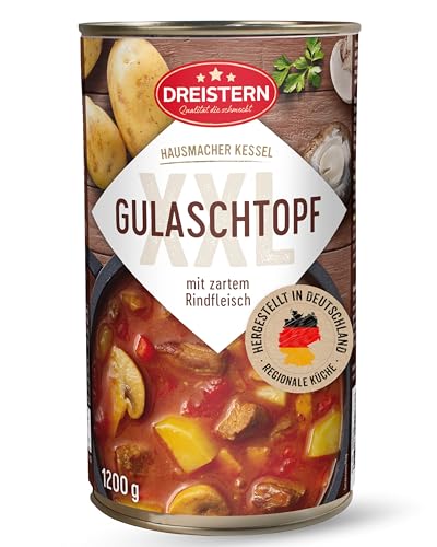 DREISTERN Gulaschsuppe 1200g I Mit Rindfleisch & Gemüse I XXL Herzhafter Eintopf in recyclebarer Konservendose I Lange Haltbarkeit dank natürlicher Konservierung I Hausmacher Qualität