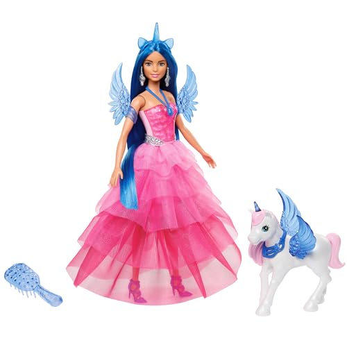 Barbie Ein verborgener Zauber - Puppe mit Einhorn, pinkfarbenes Kleid mit Saphirblauen Details, Einhorn-Stirnband, abnehmbare Saphirflügel und Einhorn-Schwanz, für Kinder ab 3 Jahren, HRR16
