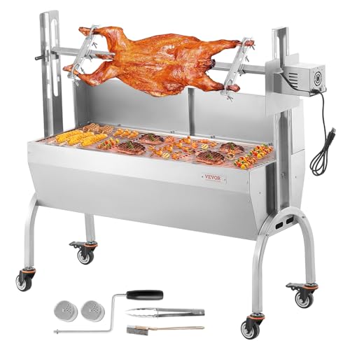 VEVOR Lammgrill, Spanferkelgrill, Spießbratengrill, 90 kg rollbarer BBQ-Holzkohle-Spießgrill für Schwein, Lamm, Ziege, elektrischer 52-W-Motor, Edelstahl-Drehspießröster mit Windschutzscheibe