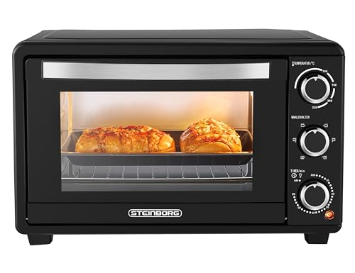 Steinborg Mini Backofen mit Umluft 25 Liter Elektrischer Pizzaofen Minibackofen Miniofen 3in1 Backofen Krümelblech Ober-/Unterhitze Energiesparend 100-230°C 60 Min Timer