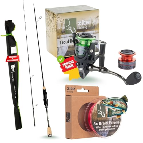Zite Fishing UL Forellen-Rute 190cm 2-5g | Trout-Spoon Angel-Rute | Spinnrute Ultra Light mit Korkgriff für Forellen & Barsch Angeln (Rute mit Rolle und 2X Schnur)