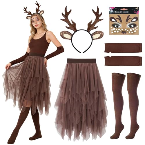 Funnity Rentier Kostüm, REH kostüm Damen brauner tüllrock Damen mit REH geweih haarreif Gesichtsaufkleber Elch Cosplay für Halloween Party, Karneval, Mottoparty, faschingskostüme