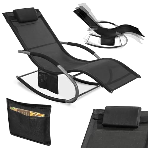 SoBuy Sonnenliege Gartenliege wetterfest Liegestuhl Schaukelstuhl mit Kopfkissen Relaxliege Schaukelliege Strandliege Outdoor Terrasse Balkon Camping bis 150 kg Schwarz Gartenmöbel OGS28-SCH