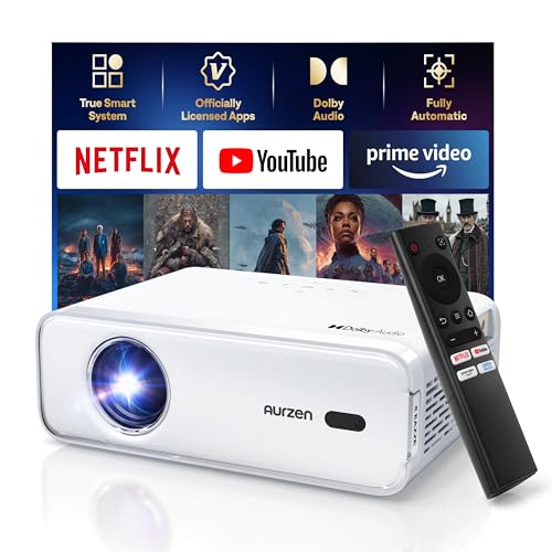 Aurzen Eazze D1 Smart Beamer Heimkino Projektor 4K Unterstützt Full HD 1080P Beamer mit NetfIix Officially & DoIby Audio, Autofokus & Trapezkorrektur, Mini WiFi Bluetooth Video Projektor, Weiß