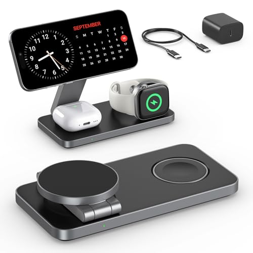 Induktive Ladestation Kompatibel mit Magsafe Ladegerät,QTlier 3 in 1 iPhone Ladestation für Air 17/16/15/14/13/12 Serie,20W Wireless Charger für Apple Watch 10/9/8/7/6/5/4/3 und AirPods (Tief Schwarz)