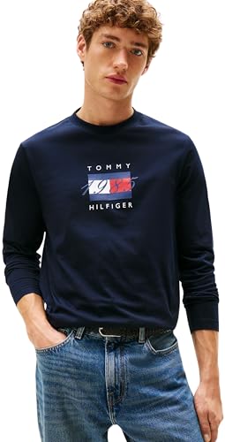 Tommy Hilfiger Herren Langarmshirts Linear Flag Graphic Regular Fit, Blau (Desert Sky), XXL