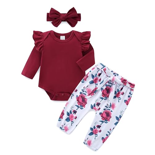 KIDDLETOWN Baby Mädchen Kleidung Langarm Body Strampler + Aufdruck Hose + Stirnband Neugeborene Babykleidung Set Baby Mädchen Kleidung Outfit Babyset 6-9Monate
