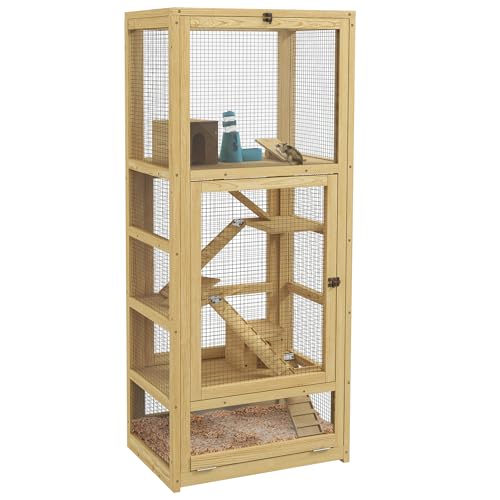 PawHut Käfig für Hamster oder Mäuse, Kleintiere aus Holz, 5 Ebenen mit Leiter, Schaukel, Nistkasten, Tränke, abnehmbare Platte, 54 x 38 x 131 cm, Natur