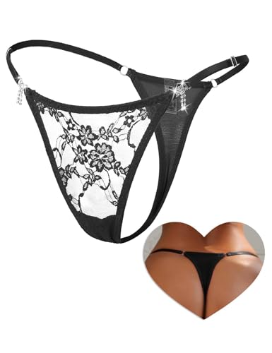 comeondear Sexy G String Tangas für Frauen Brasilien Damen Slip mit Spitze Große Größen Transparente Höschen Bikini Thong Underwear Women Lace Panties Dessous Unterwäsche Curvy(Schwarz,S)