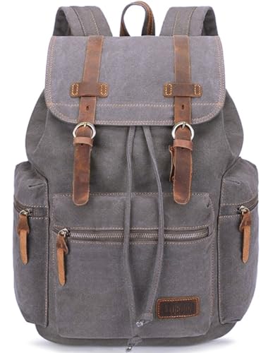 Bluboon Vintage-Rucksack mit Lederbesatz, lässige Büchertasche, für Herren und Damen, Laptop, Reiserucksack .., GRAU, Large, Rucksack Rucksäcke