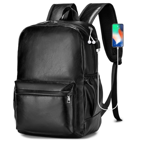 SPAHER Leder Rucksack Herren Damen Handgepäck 40x30x20 Wizzair Vueling Reiserucksack Laptop Rucksack 15,6 Zoll mit USB-Ladeanschluss College Arbeit Daypack Rucksack 25L Travel Backpack, Schwarz