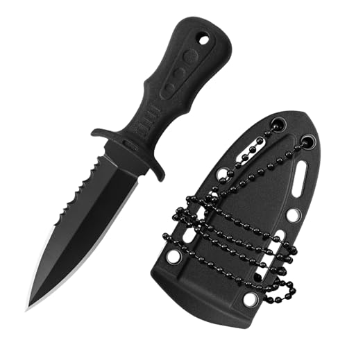 Outdoor Messer mit Tanto Klinge - Tragbares Neck Knife mit Kunststoffscheide und Kugelkette für Selbstverteidigung im Freien