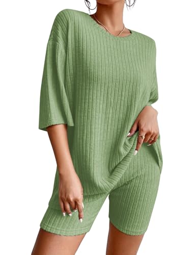 EFOGEP Schlafanzug Damen Pyjamas Set 2PCS: Lounge Wear Rippenstrick Pullover Top T-Shirt + Biker Shorts Loungewear Pjs Trainingsanzug Nachtw�sche Homewear Sweatsuits Gem�tliche Freizeitanz�ge Gr�n S