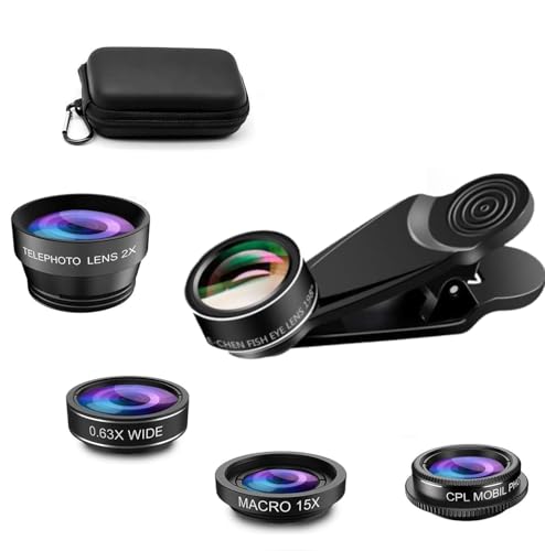 Bailonda 5 in 1 Handy Objektiv Kit,makro objektiv Handy, Fischaugenobjektiv 198°,Weitwinkel 0.63x, Makroobjektiv (15x) ,CPL/ 2X Telephoto Objektiv für iPhone und die meisten Smartphones (dunkel)