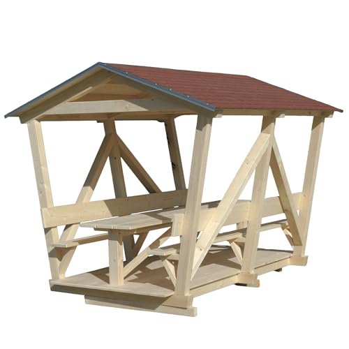 Holz-Pavillon mit Tisch & 2 Sitzbänken für 8 Personen, Robuster Gartenpavillon aus Fichtenholz mit Bitumenschindeldach; Ideal für Garten, Terrasse & Outdoor-Bereich Made in Germany