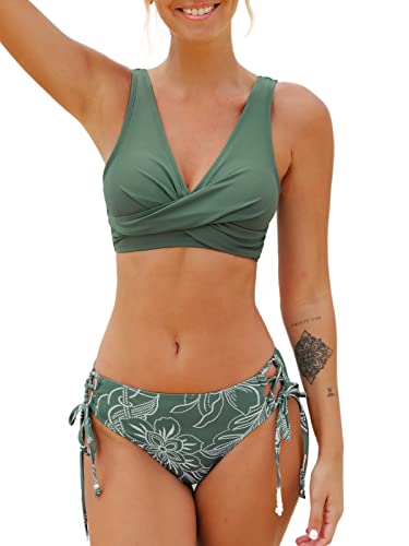 CUPSHE Damen Bikini Set V Ausschnitt Crossover Lace Up Tank Low Waist Bademode Zweiteiliger Badeanzug Swimsuit Dunkelgrün L