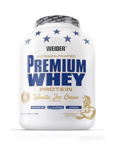 Weider Premium Whey Protein Pulver - Hoher Proteingehalt, wenig Kohlenhydrate & wenig Fett mit L-Glutamin und Vitamin B6-2,3kg - Vanilla Ice-Cream