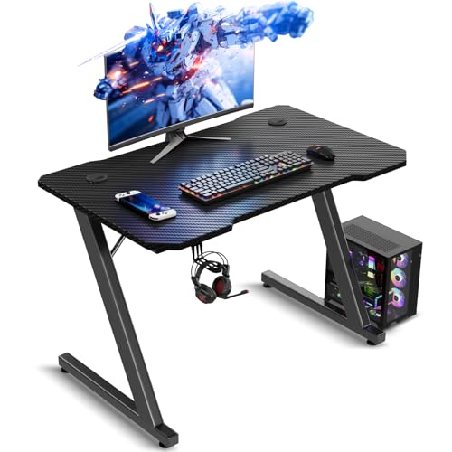TRIUMPHKEY Gaming Tisch 80 x 52 cm, Gaming Schreibtisch, PC Tisch mit Kopfhörerhaken und Kohlefaserbeschichtung, Ergonomischer Computertisch, Metallgestell, Kohlefaser Schwarz