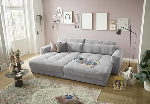 Stella Trading Big Sofa BARURA Cord hellgrau – XXL Couch mit großer Liegefläche, modernes Sofa 292x194 cm inklusive Nierenkissen
