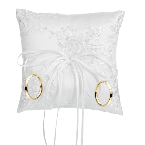 Qulkws Ringkissen Hochzeit Ringhalter Kissen, Ringkästchen mit Satinband, Romantisches Kissen mit Bowknot Doppelten Herzen Dekoration für Hochzeit, Party, Hochzeitszeremonie, Antrag, 15cm x 15cm