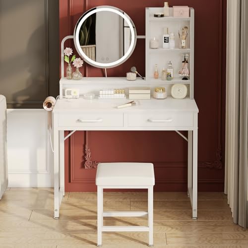 ODK Schminktisch mit LED-Lichtern, Verstellbare Helligkeit & Höhenverstellbar für 120-180 cm, 2 Fabric Drawers & Stool, 80×40×136cm, Weiß+Weiß