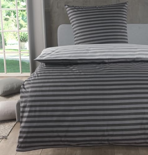 MALIKA Bettwäsche 135x200 Baumwolle, 2-teiliges Set, Streifenmuster, Wende Bettbezug 135 x 200 cm, Kissenbezug 80x80 cm, Renforcé, atmungsaktiv, maschinenwaschbar, Grau