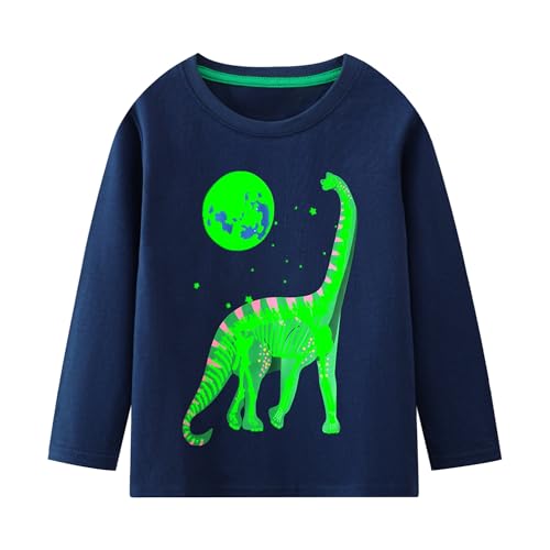 Hoseay Jungen Langarmshirt Baumwolle Dinosaurier Tiere Muster Leuchtet im Dunkeln Rundhalsausschnitt Pullover Kinder Leuchtend Langarm Tshirt Basic Tops Outfit 6-7 Jahre Gr.116-122, Blau