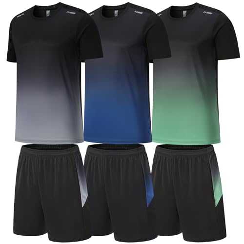 BOOMCOOL Fitnesscenter-Kleidung Trainingsshorts und Langarm-Shirts für Herren, Laufkleidung, schnell trocknend, Sport-Outfit-Sets, 6er-Pack, Schwarz Blau Grün, X-Large