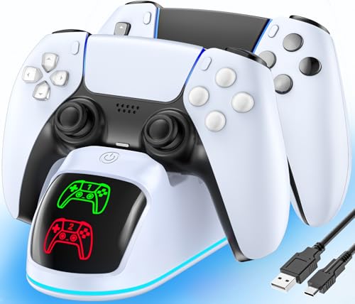 RGB PS5 Ladestation, 2St. Schnelles PS5 Ladegerät für PS5 Original & Edge Controller, mit LED Anzeigen & 9 RGB Beleuchtung, PS5 Controller Ladestation für PlayStation 5 Zubehör, Weiß