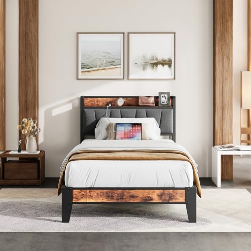 IRONCK Bett 90x200 mit Metal Lattenrost, Bettgestell 90x200cm mit Steckdosen, USB-Anschlüsse & Typ-C-Anschlüsse, Metallbett 90x200 mit Gepolstertem Kopfteil & Stauraum, Jugendbett