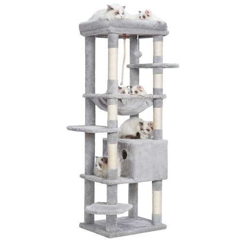 Heybly Kratzbaum, mit Decken, für große Katze, Katzenbaum, große Plattformen, Höhle, 50 x 50 x 153cm, Hellgrau HCT050W