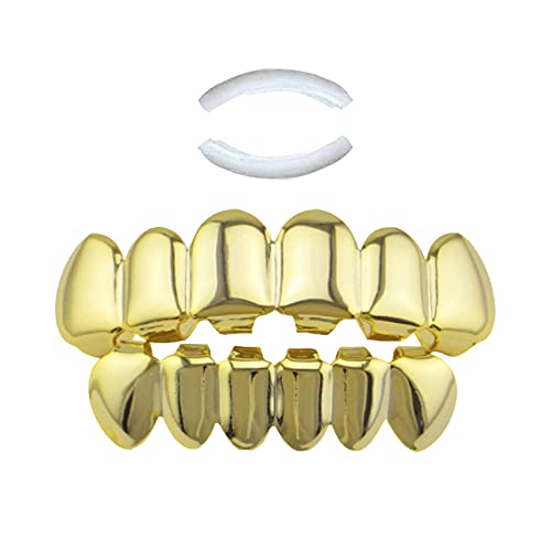 Gold Zähne Hip Hop,1 Set Goldene Hip Hop Zähne,Zähne Grills Goldzähne,Hip-hop Zähne,Zahnspangen Top Und Bottom Grill Cap,für Männer Und Frauen Tanz,Party,Halloween,Bühne,Rollenspiele(Golden)