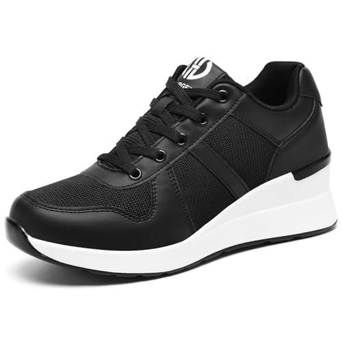 GURGER Damen Keilabsatz Sneakers Atmungsaktiv Modische Freizeitschuhe Wedges Plateau Keilsneaker Keil Schuhe Schwarz Größe 39