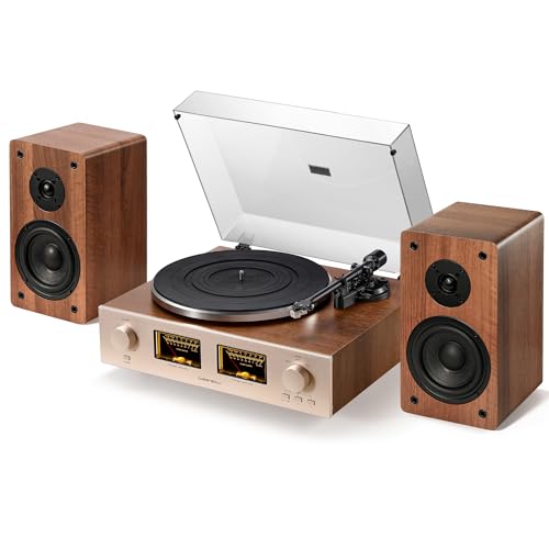 Qlearsoul HiFire X Plattenspieler mit Lautsprechern, Audiophiles HiFi-Turntable-System mit 100W-Regallautsprechern, VU-Meter, DSP-Vorverstärker, 33/45 RPM, RCA LINE IN/Out